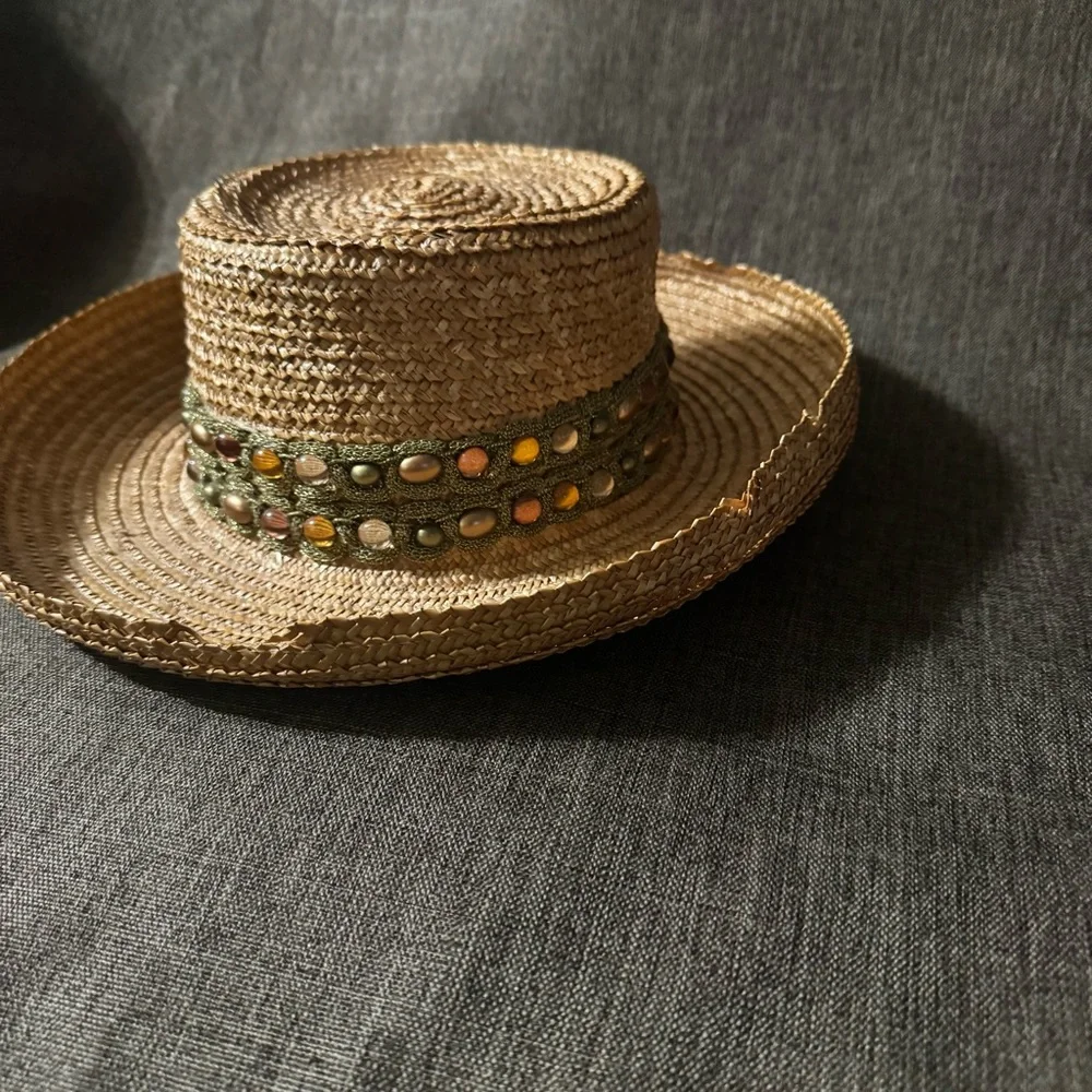 Eric Javits Natural Straw Hat with Olive Beaded Band - Picture 8 of 14